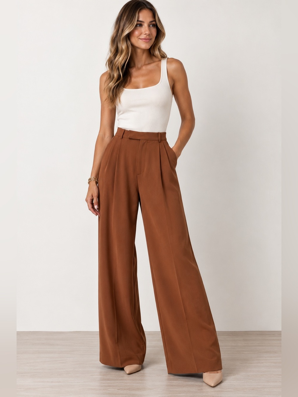 ASTR The Label Brown High Rise Pleated Wide Leg Trousers Pants Size S NWOT